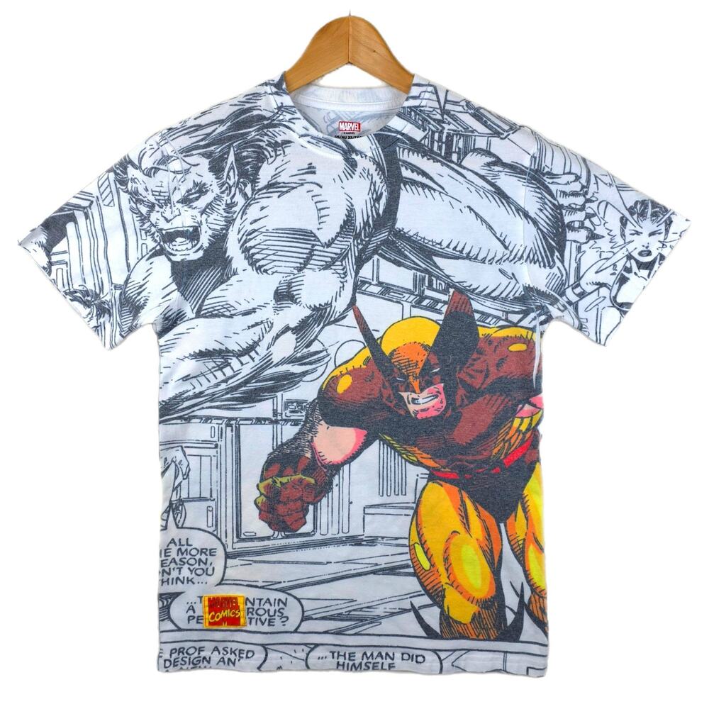 Marvel Comics X-Men Wolverine Mens T-shirt All Over Print Size XS White AOP Vtg